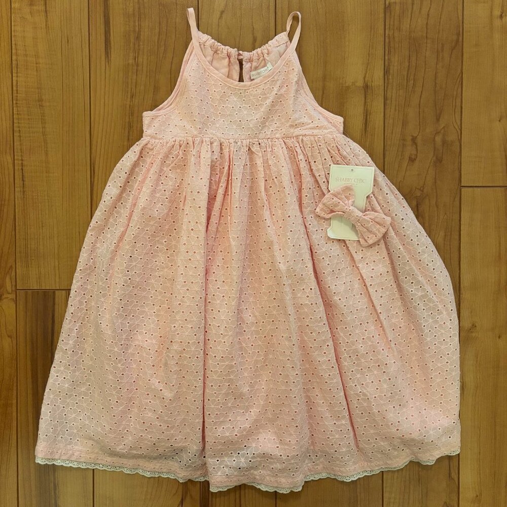 NWT Shabby Chic Light Pink Eyelet Girls Dress and Bow 8
